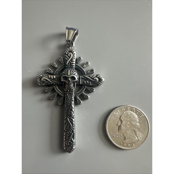 Viking Gothic Cross Skull Pendant 24” Chain Stainless Steel Gift Men’s Punk - Picture 3 of 6